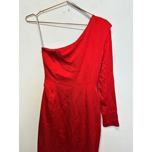 ML MONIQUE LHUILLIER Red Drapey One Shoulder Thigh Grazing Slit Gown size 4